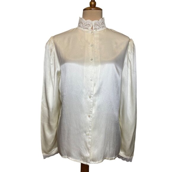 Vintage Gunne Sax Victorian Ivory Lace Back Button-Up Blouse With High Collar 11 - Picture 1 of 10